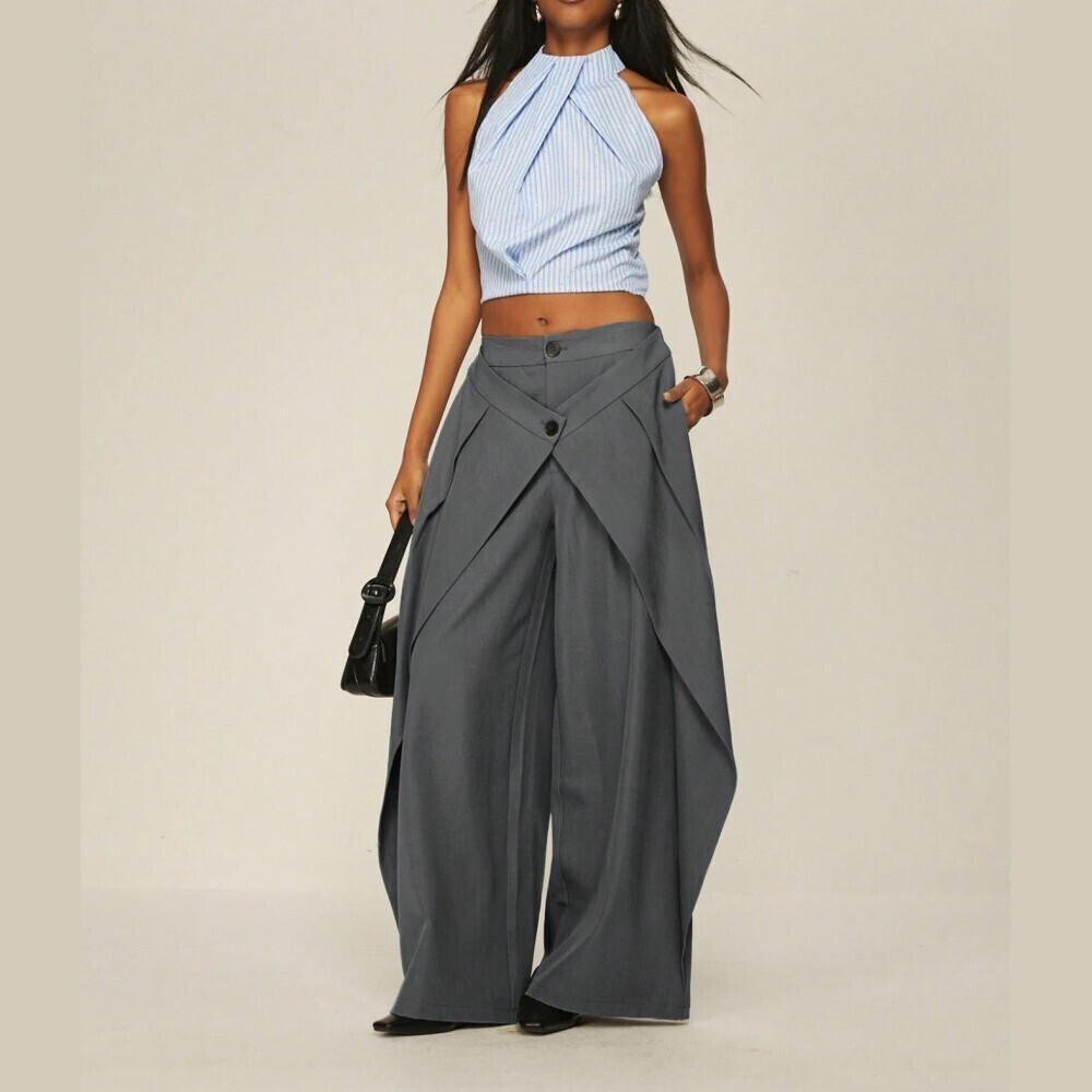 Gray Crossover Layered Wrap Front Pleated Wide Leg Trousers